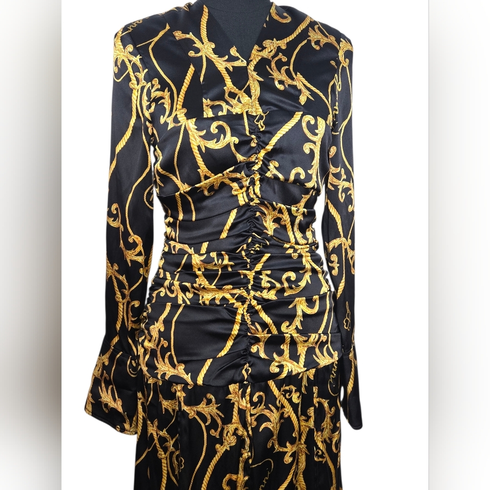 GANNI Baroque Print Silk Blend Ruched Midi Dress Black Gold EU 36 US 4 - Picture 11 of 15